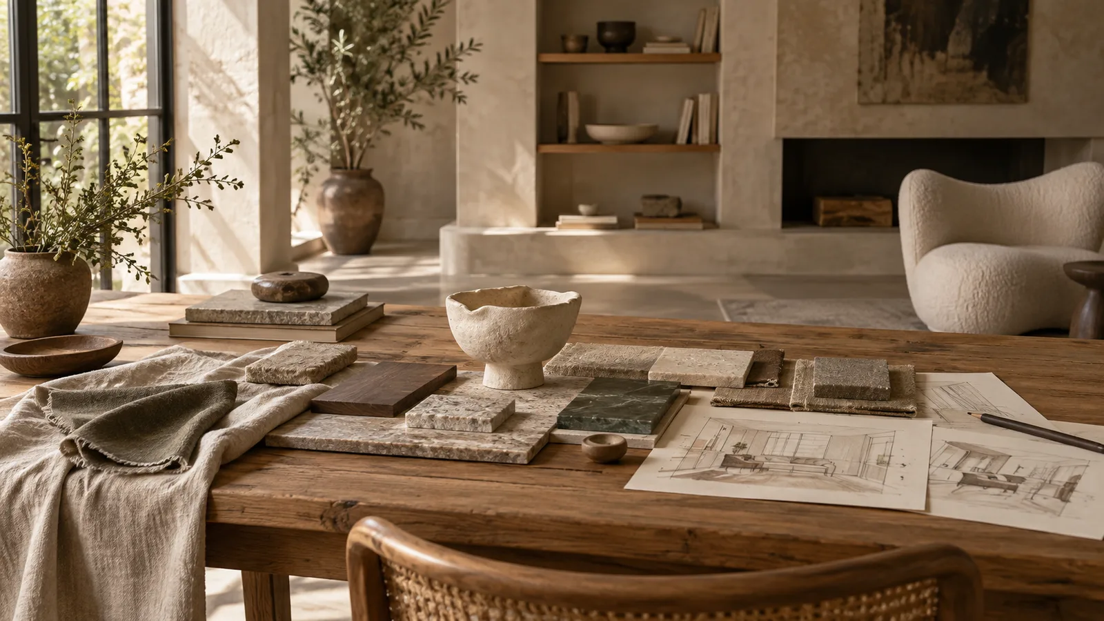 Material samples, linen and pencil sketches laid out on the studio's oak table