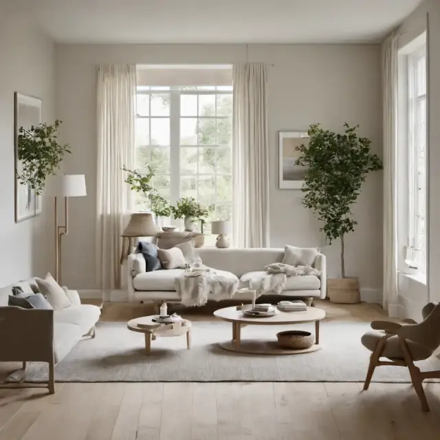 Concept render: Living room, Scandinavian pale oak, placeholder imagery