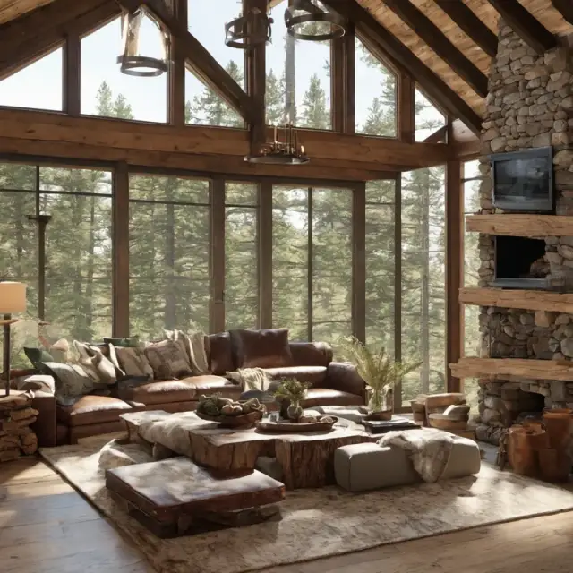 Concept render: Cabin great room, stone fireplace, placeholder imagery