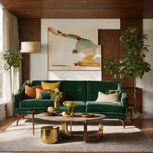 Concept render: Living room, midcentury green, placeholder imagery