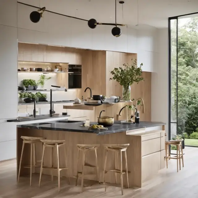 Concept render: Kitchen, white oak & black stone, placeholder imagery