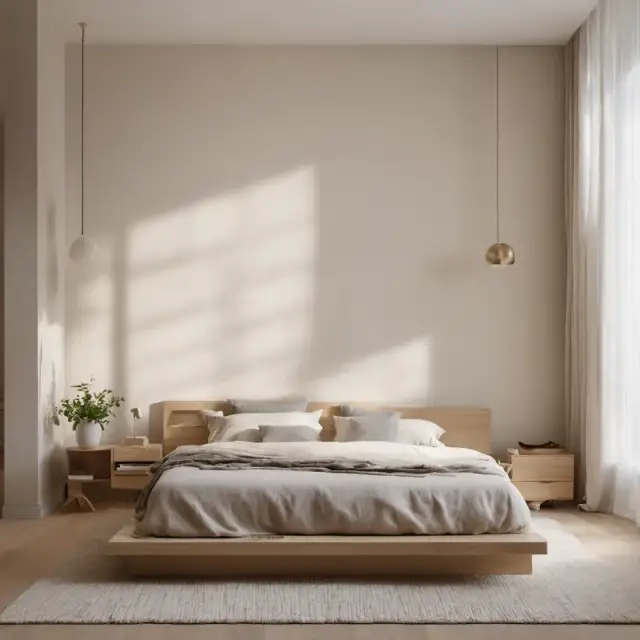 Concept render: Primary bedroom, warm minimal, placeholder imagery