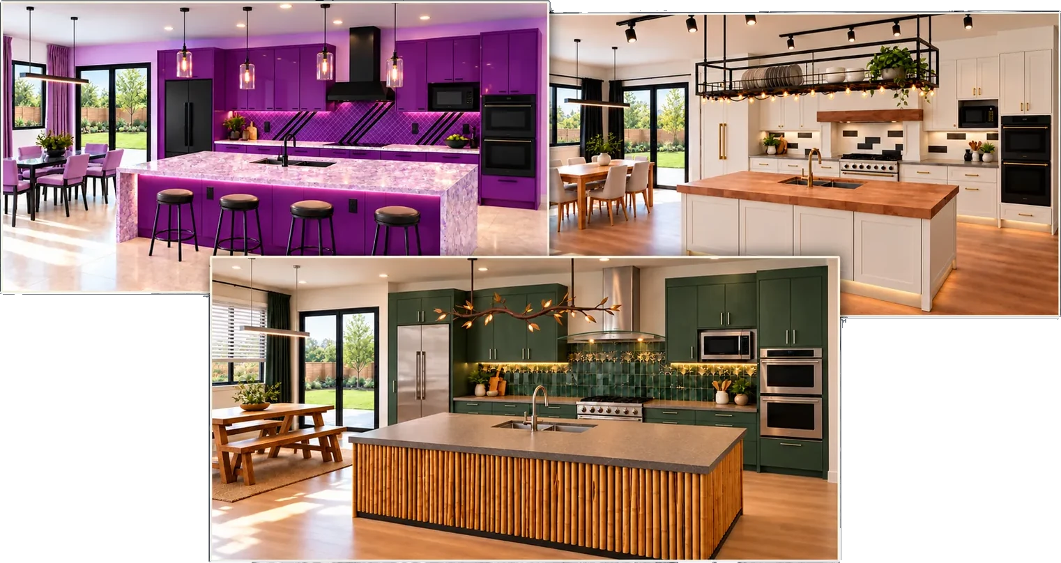Three kitchen concept renders side by side: glossy violet, warm white with a butcher-block island, and deep green with a bamboo-clad island